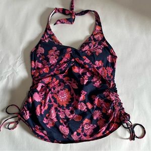 Womens size 10 Lands End floral paisley navy pink tankini halter swimsuit‎ top